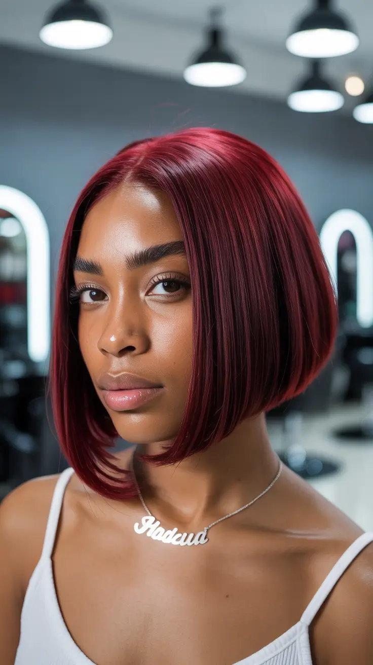 winter hairstyles for black women color Deep Ruby Red Precision Cut