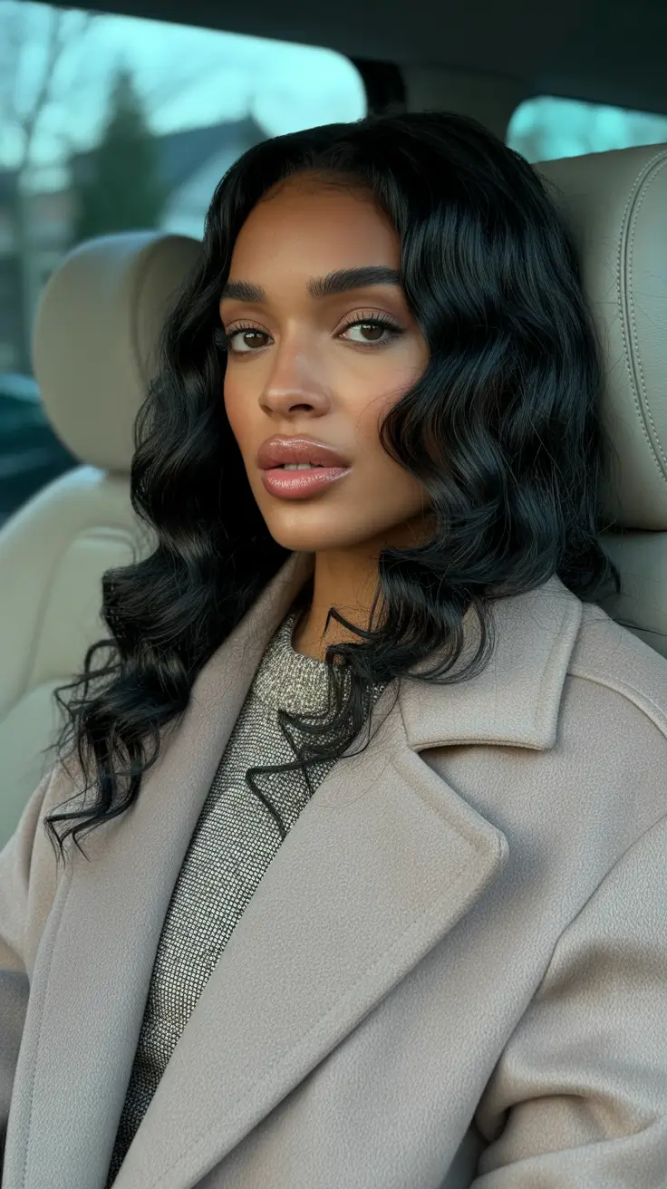 winter hairstyles for black women natural hair straight Soft Jet-Black Waves