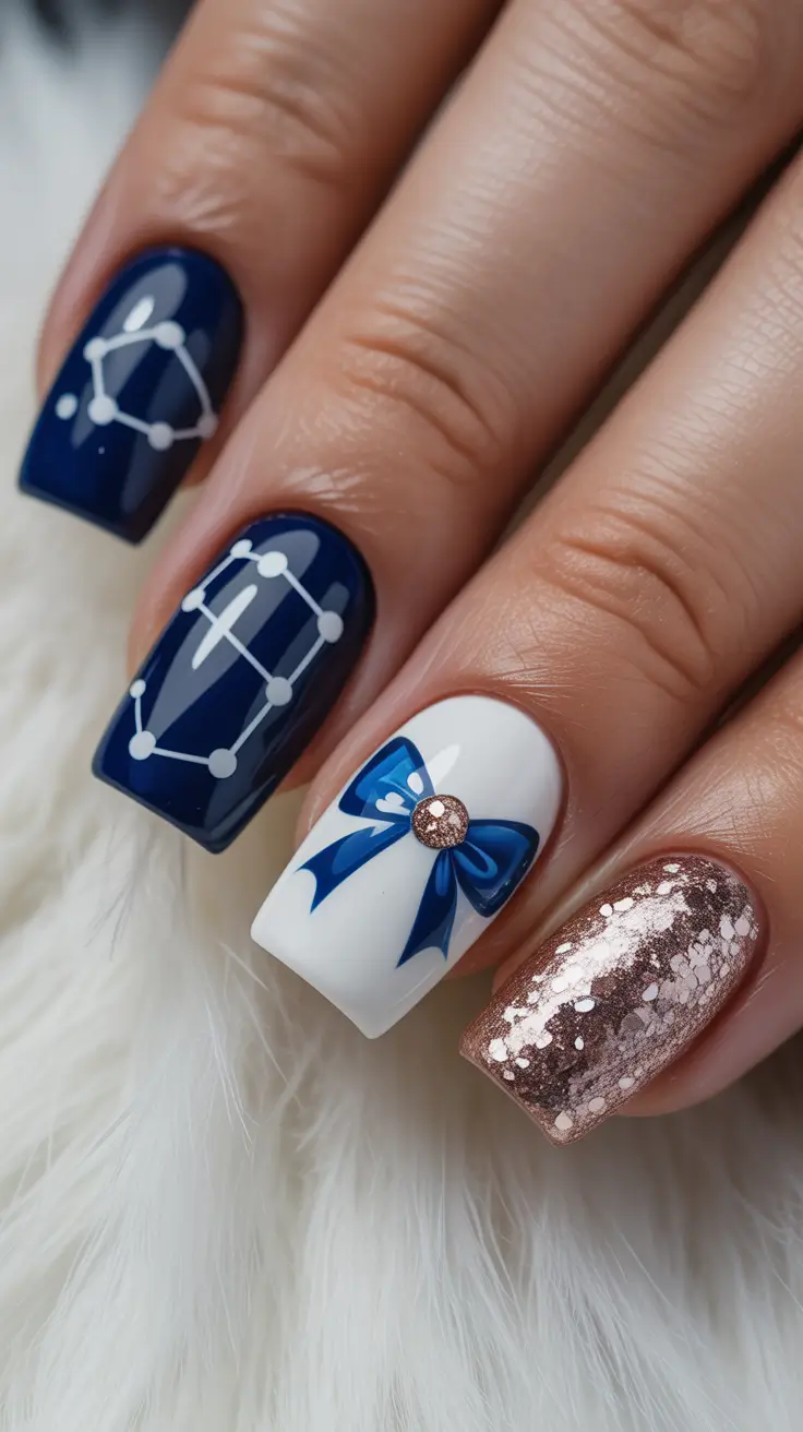 winter nails ideas 2025 Celestial Blue and Gold Elegance