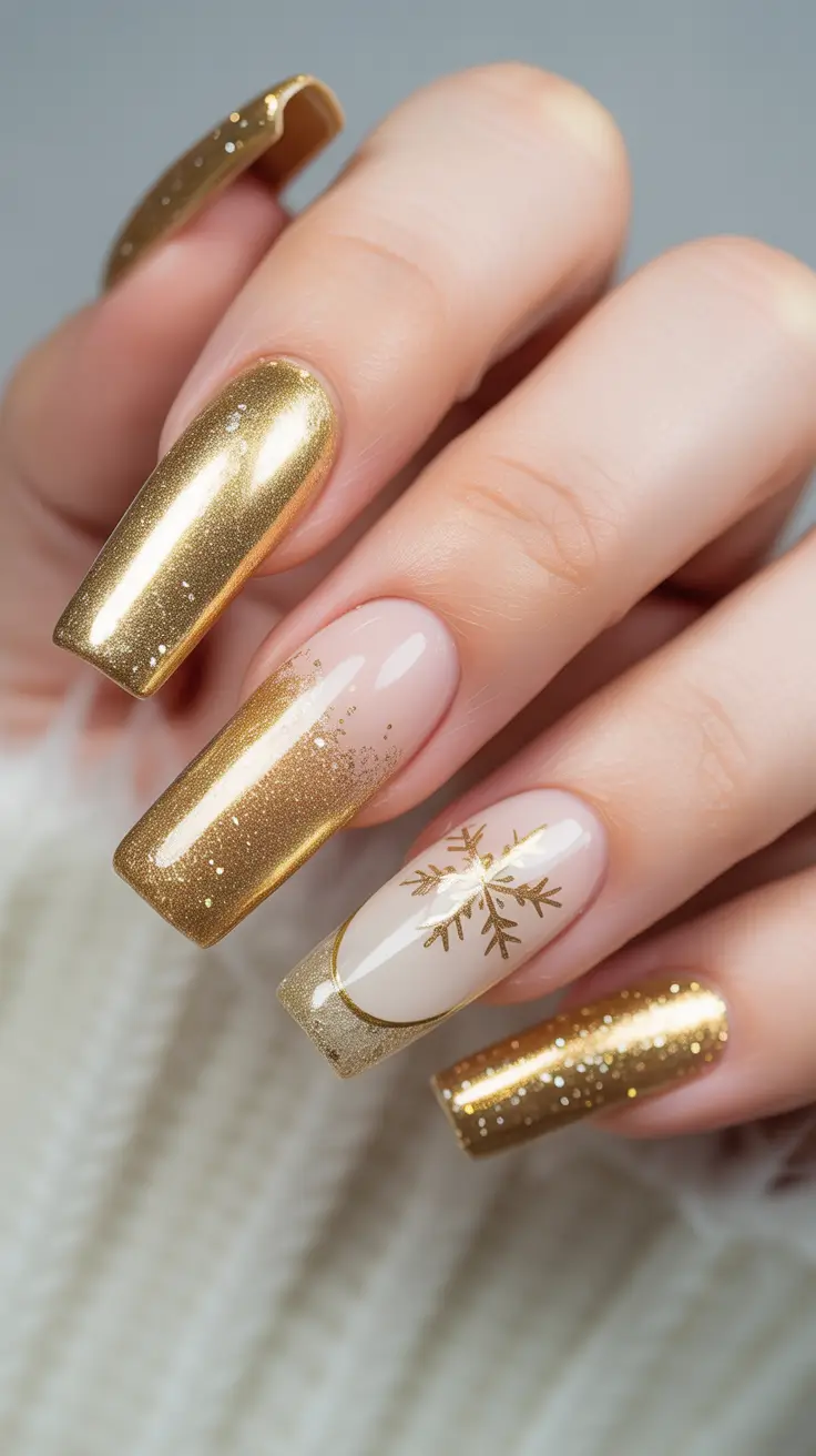 winter nails ideas 2025 Golden Winter Luxe