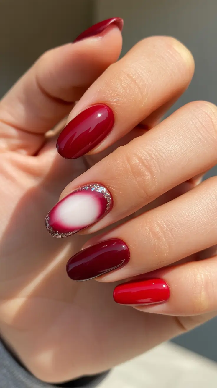 winter nails ideas 2025 Crimson Velvet with a Frosted Halo