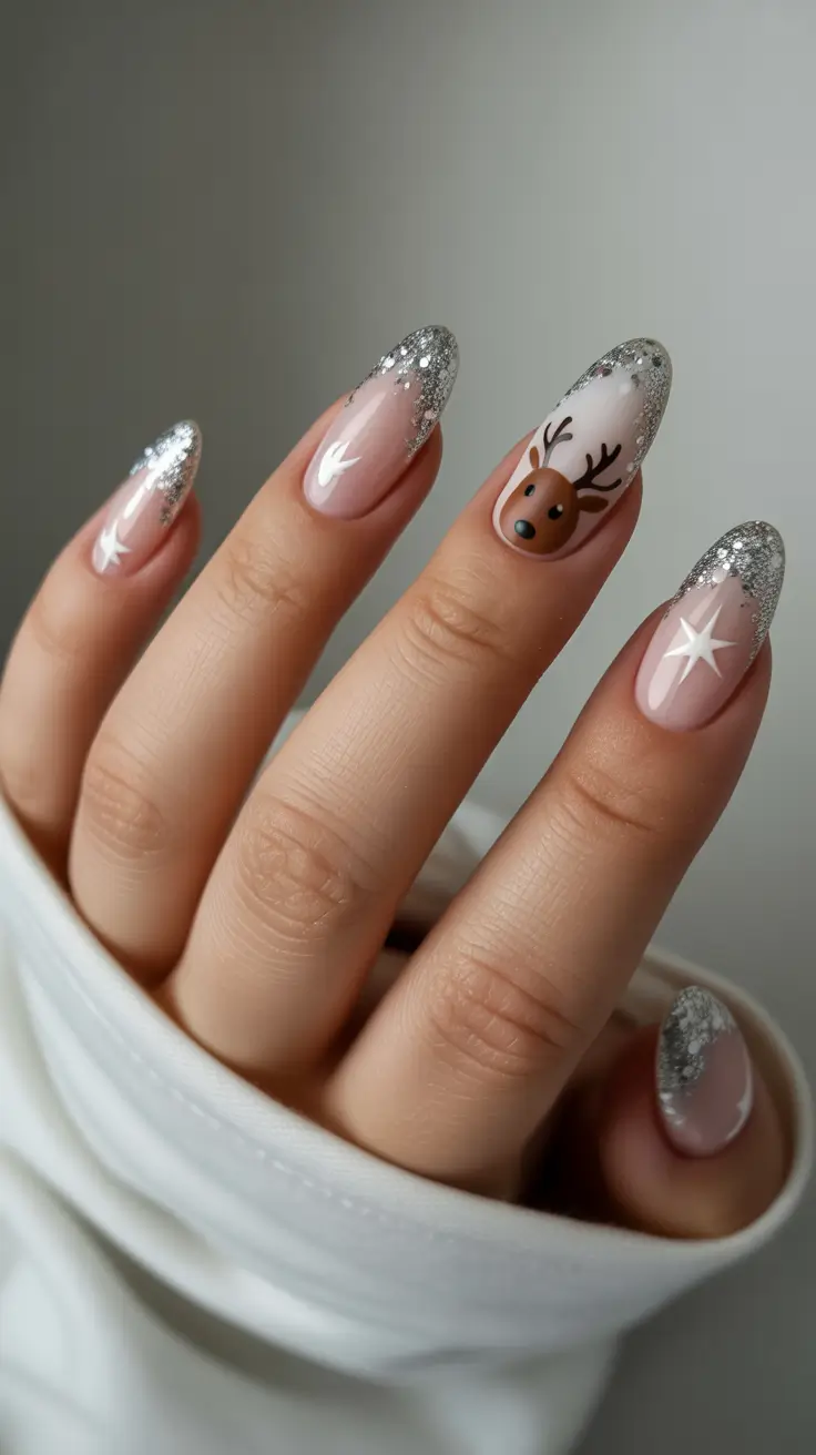 winter nails ideas 2025 Silver Reindeer Magic