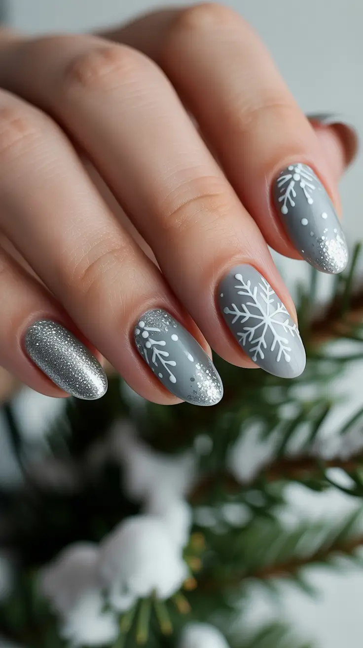 winter nails ideas 2025 Silver Snowfall Magic