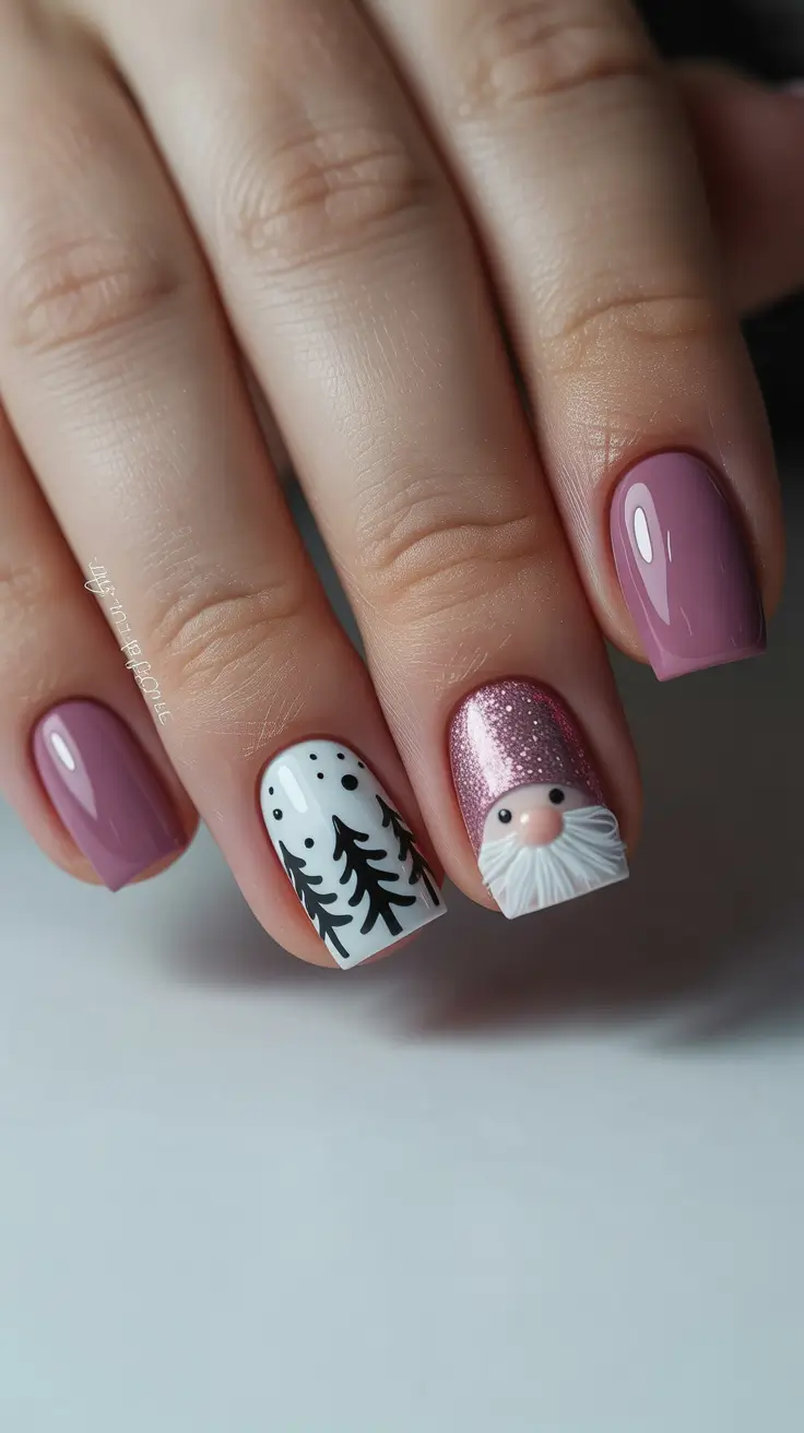 winter nails ideas 2025 Frosted Pink Cheer with Nordic Charm