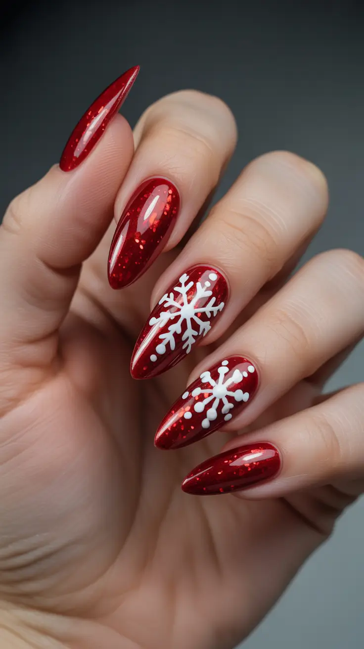 winter nails ideas 2025 Scarlet Sparkle Snowflakes