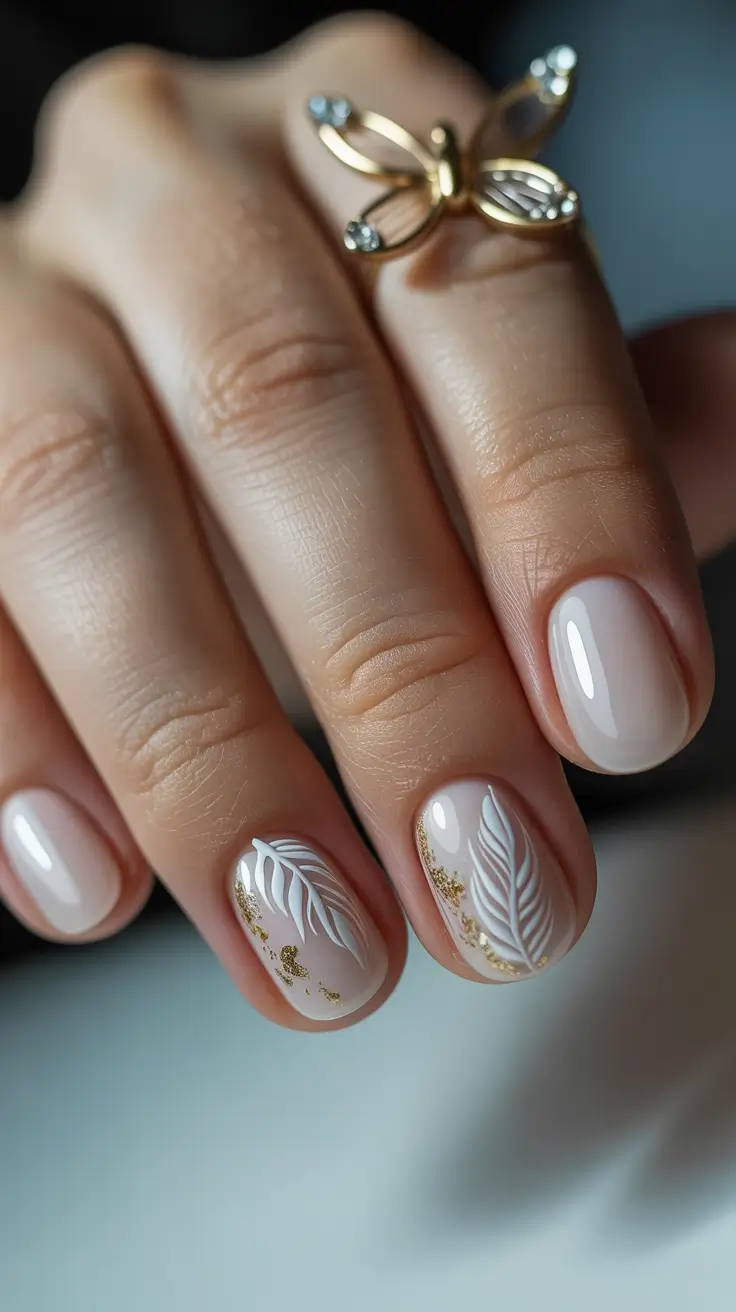 Winter 2025-2026 short gel nails color and design Soft Beige with White Leaf and Gold Accents