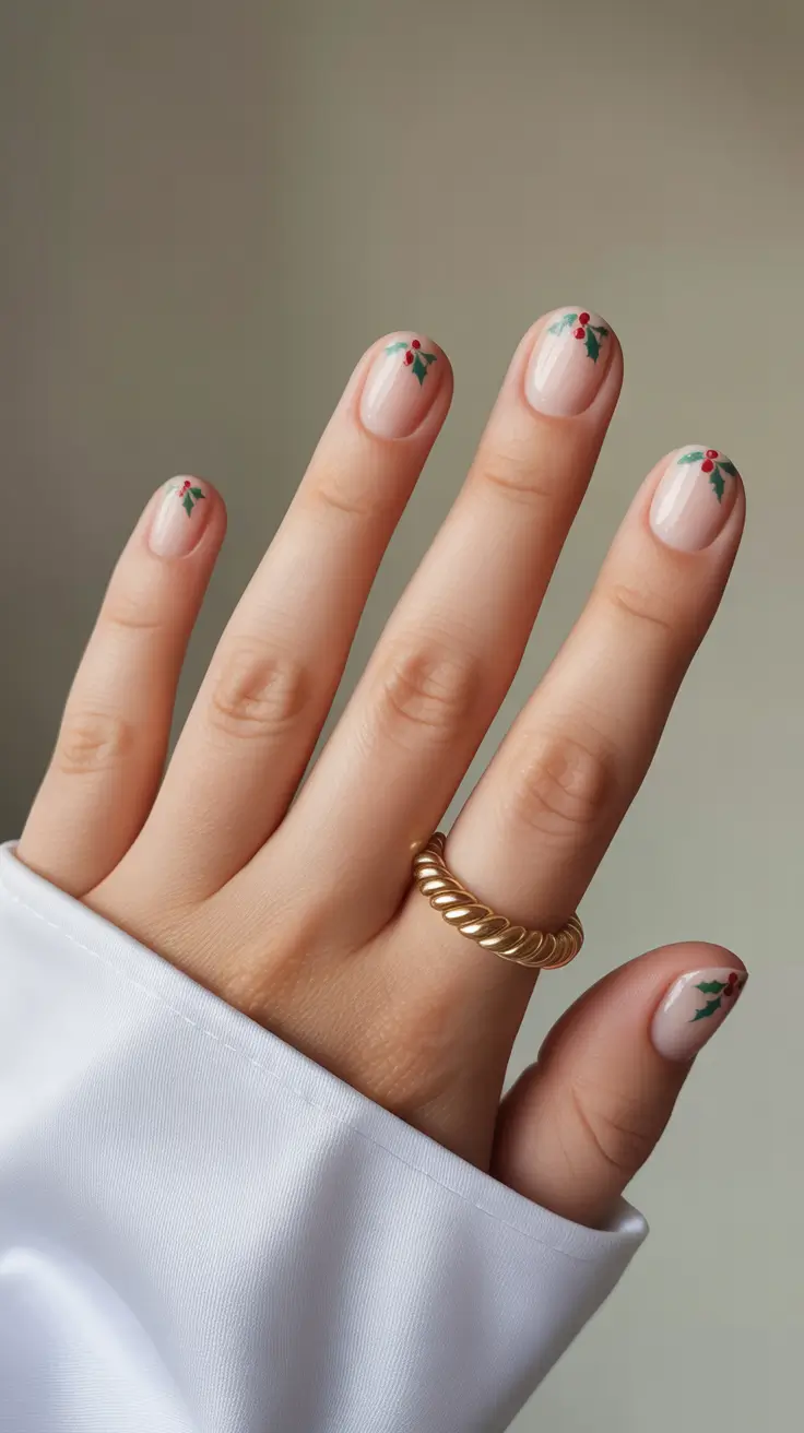 Winter 2025-2026 short gel nails color and design Mistletoe Minimalism