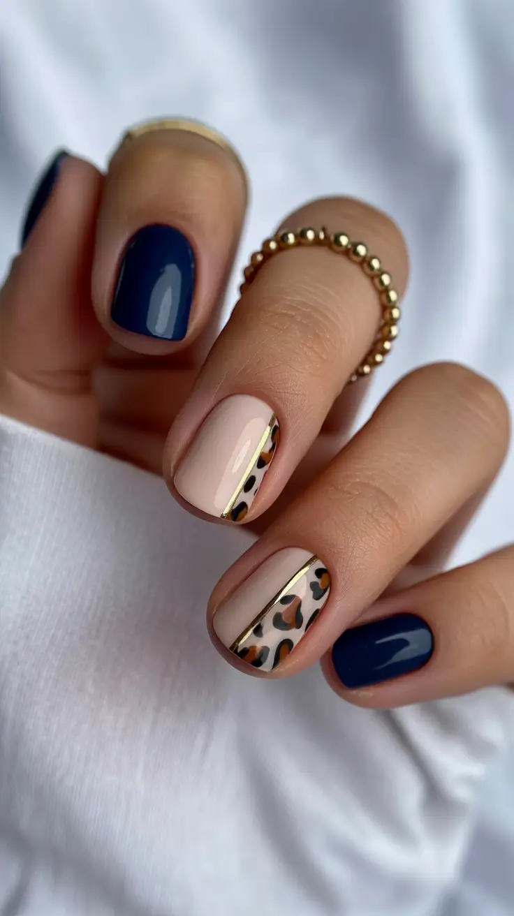 Winter 2025-2026 short gel nails color and design Navy Meets Leopard Luxe