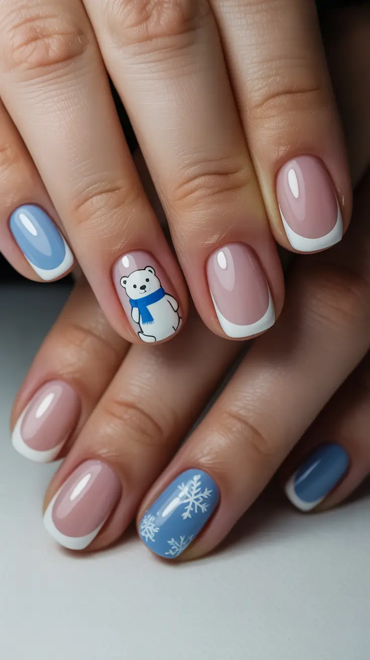 Winter 2025-2026 short gel nails color and design Polar Charm French