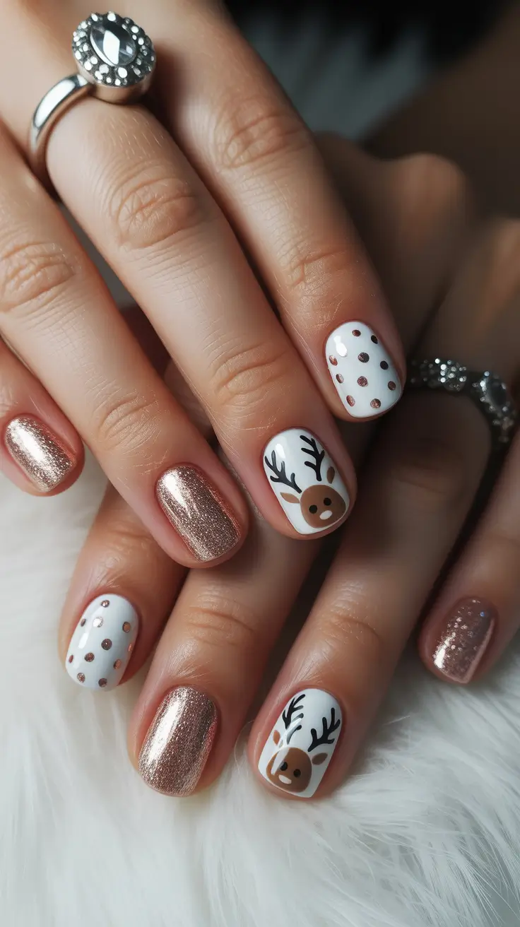 Winter 2025-2026 short gel nails color and design Golden Reindeer Sparkle