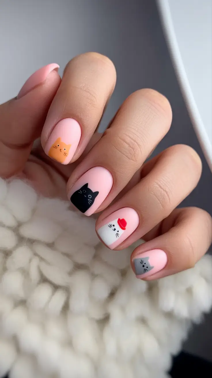 Winter 2025-2026 short gel nails color and design Frosty Cat Play