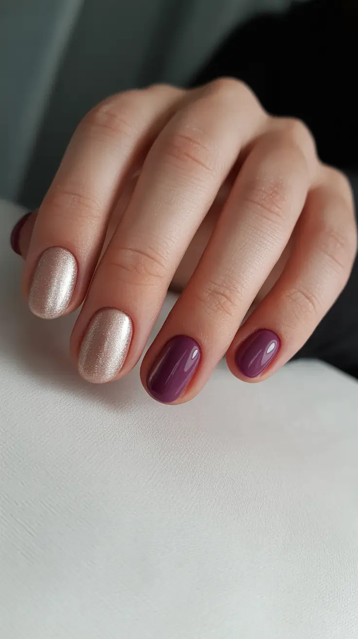 Winter 2025-2026 short gel nails color and design Mulberry & Champagne Shimmer
