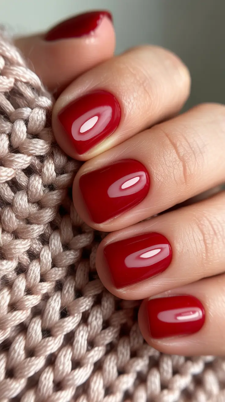Winter 2025-2026 short gel nails color and design Cozy Knit Red