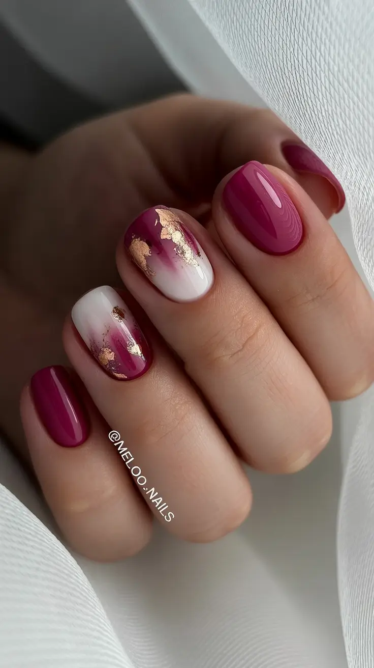 Winter 2025-2026 short gel nails color and design Burgundy Dream with Gold Leaf