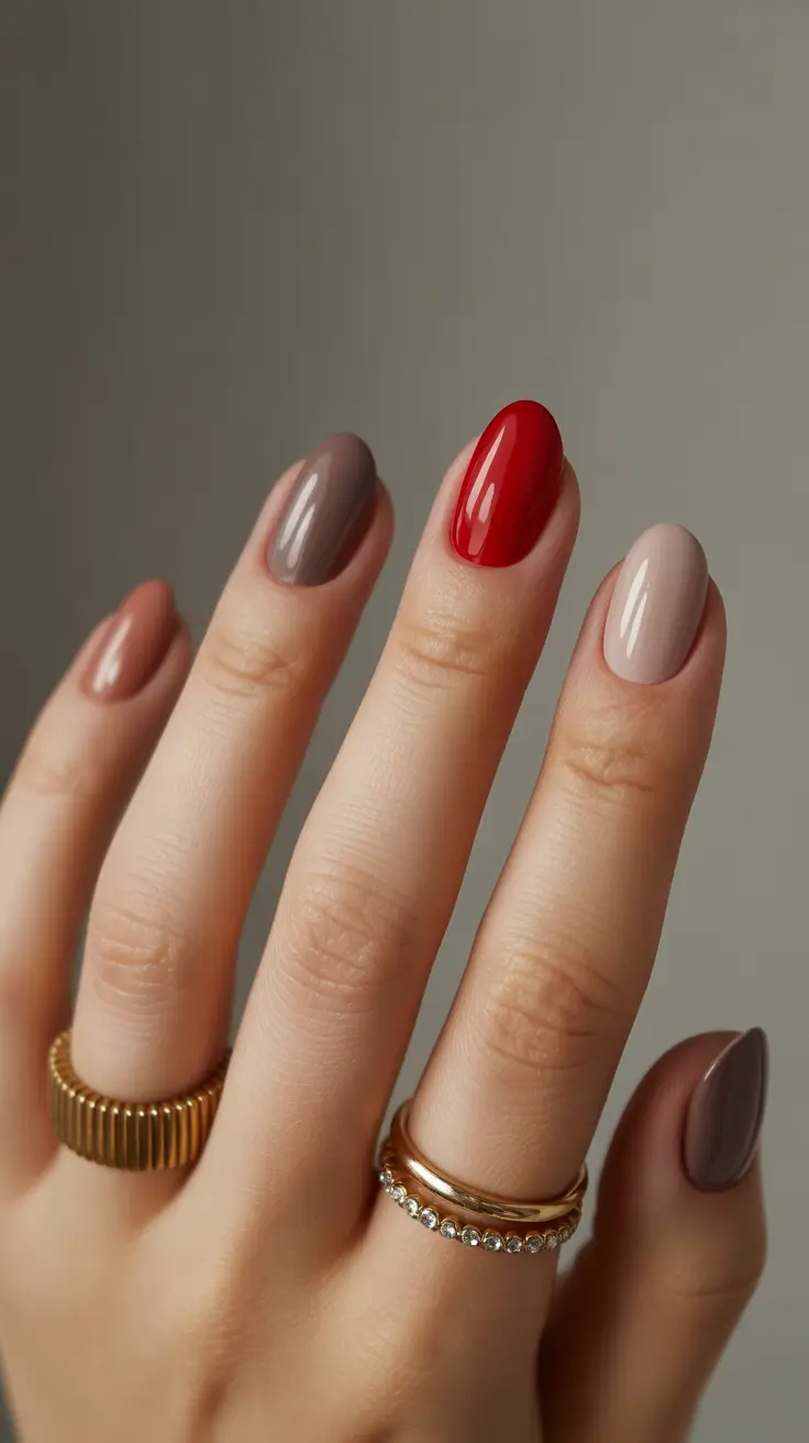 Winter 2025-2026 short gel nails color and design Neutral Mix with a Pop of Red