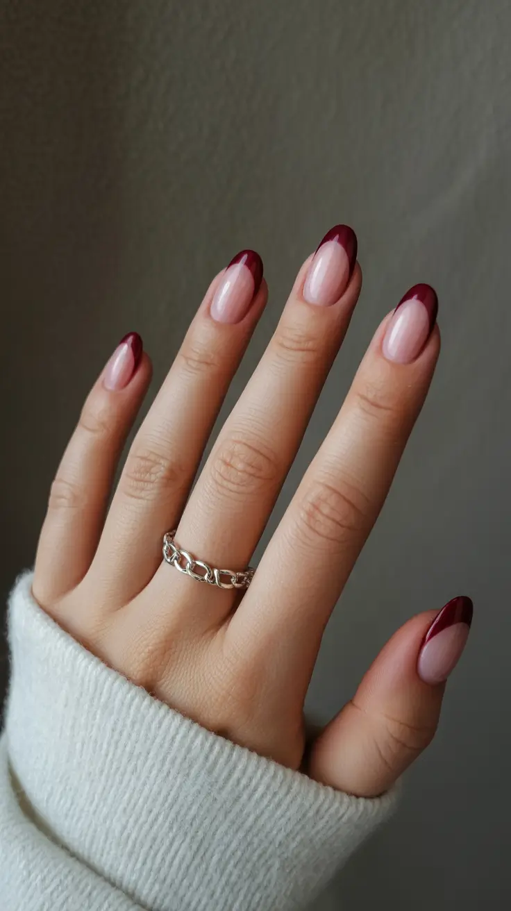 Winter 2025-2026 short gel nails color and design Wine-Toned French with a Twist