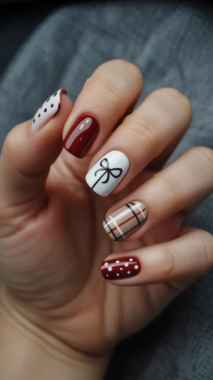 Winter 2025-2026 short gel nails color and design Festive Red Plaid and Polka Dots