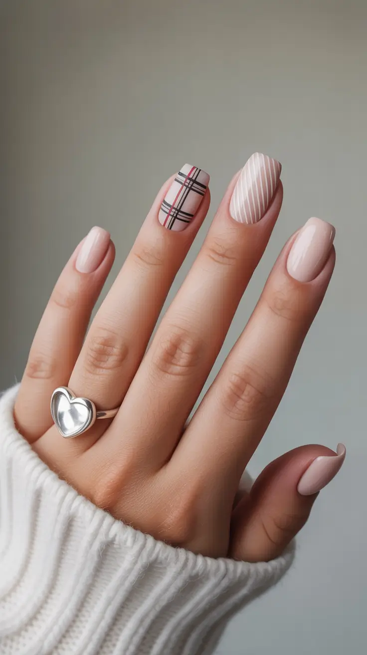 Winter 2025-2026 short gel nails color and design Cozy Plaid and Pinstripe Nude