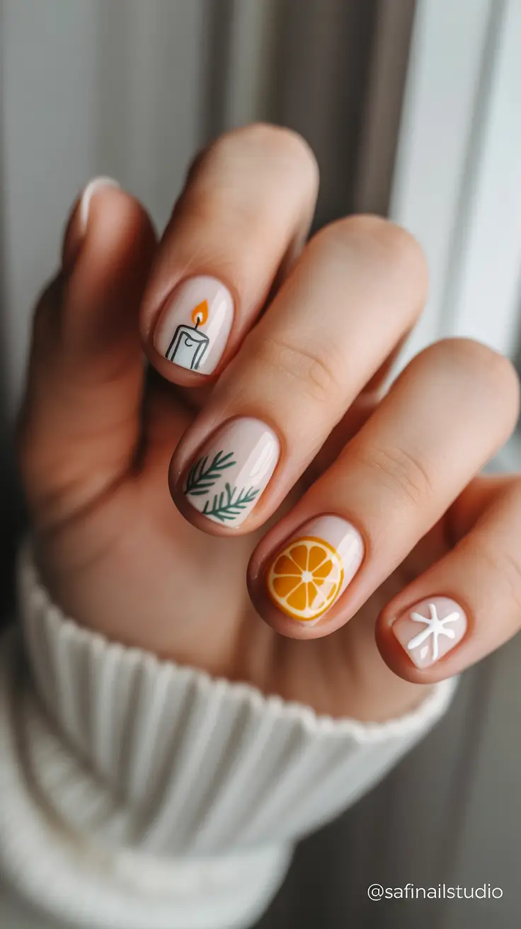 Winter 2025-2026 short gel nails color and design Holiday Citrus and Candle Art