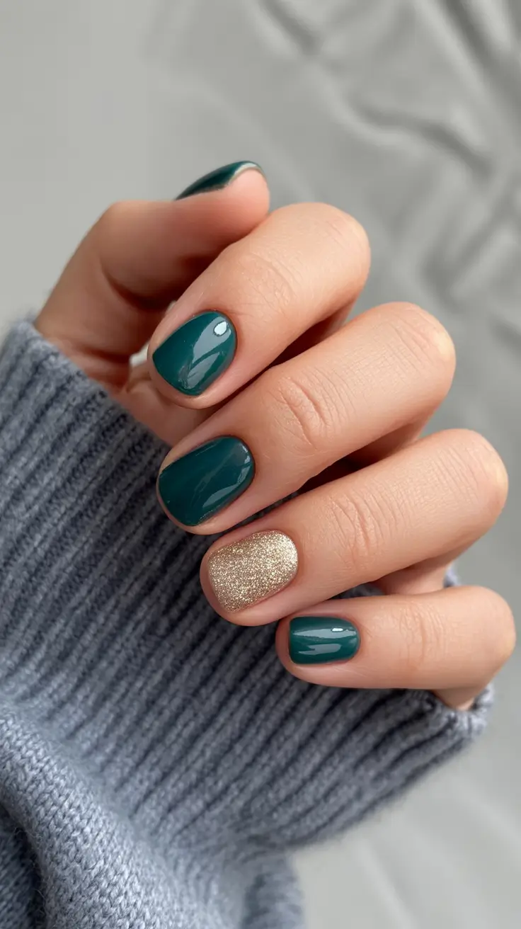 winter gel nails 2025–2026 Emerald Calm with Golden Spark