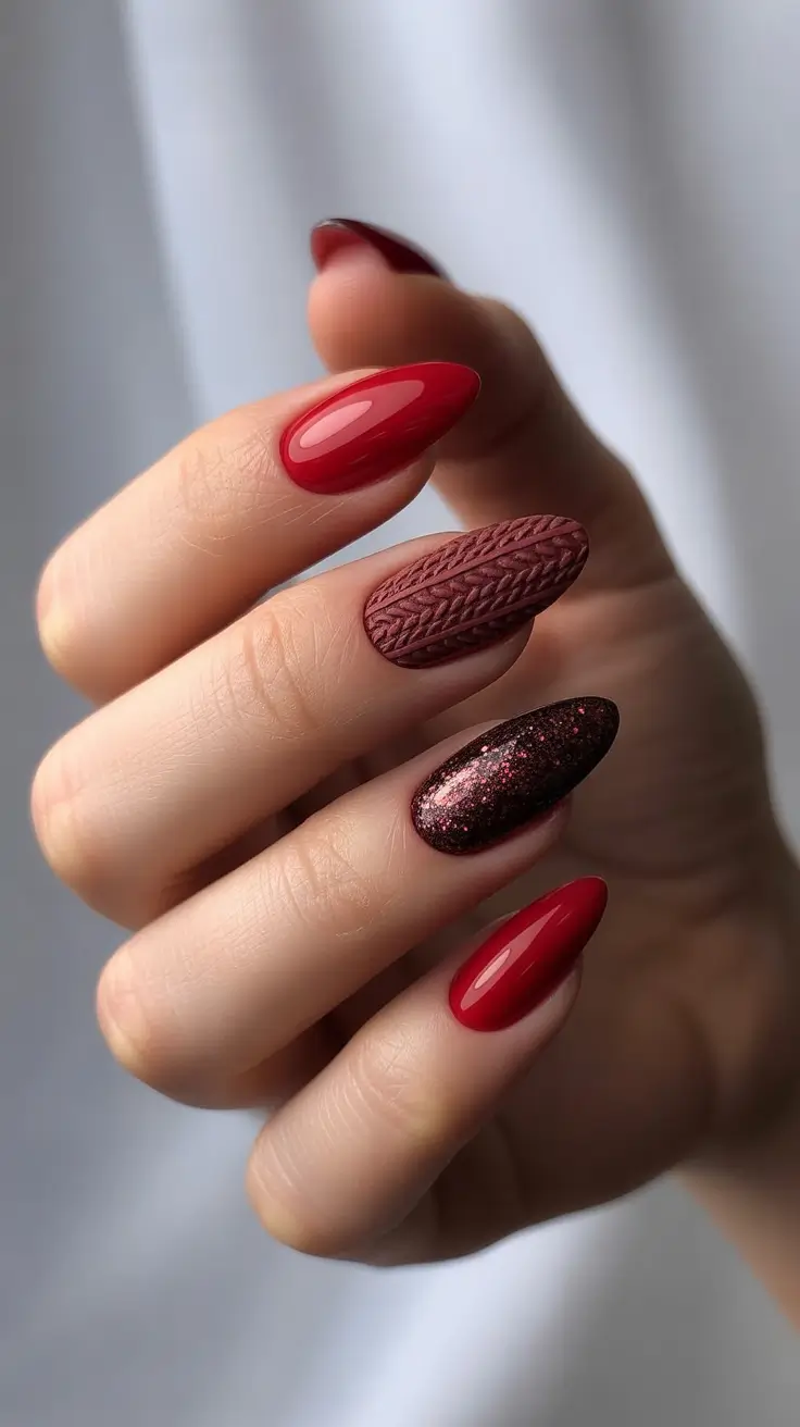 winter gel nails 2025–2026 Crimson Cozy Knit