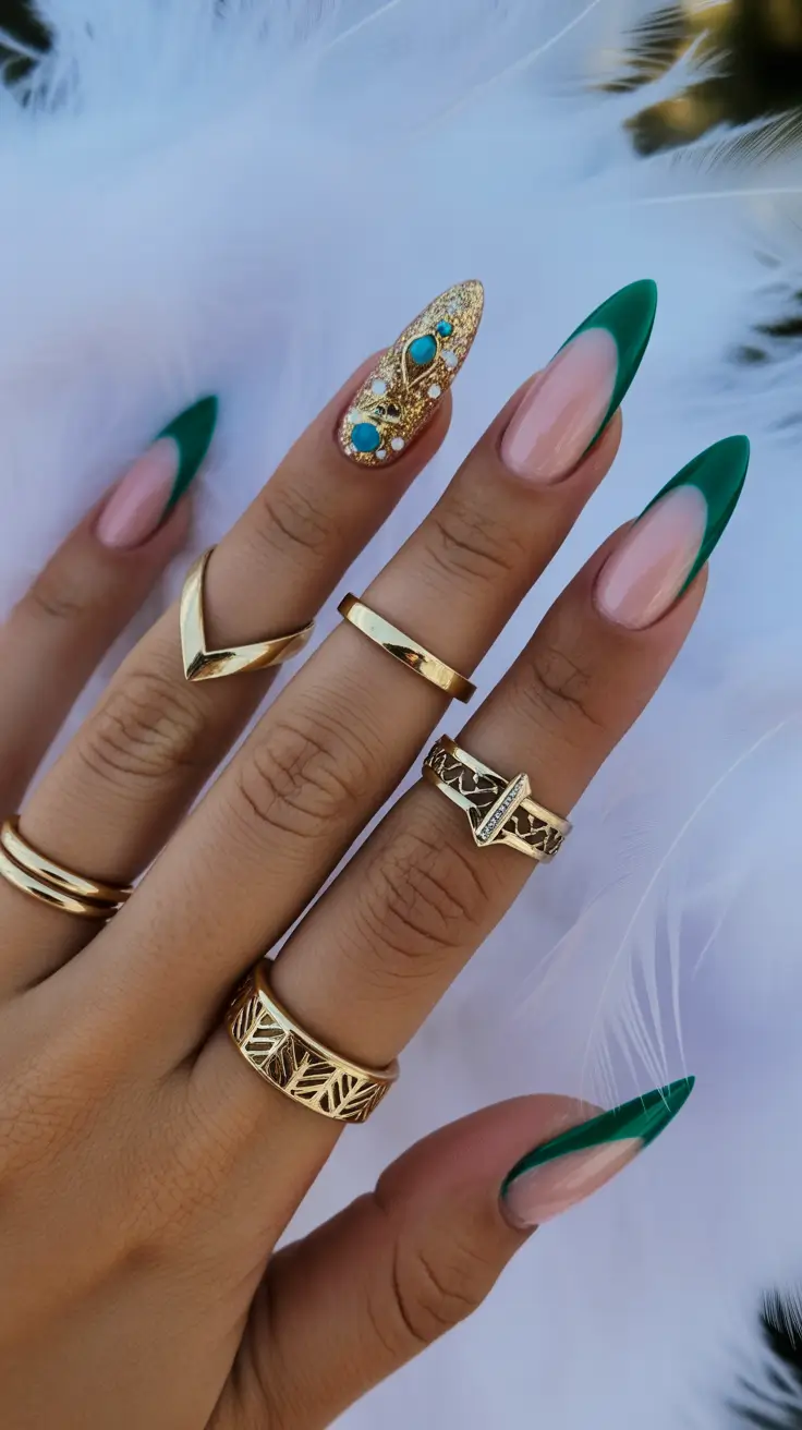 winter gel nails 2025–2026 Golden Emerald Fantasy