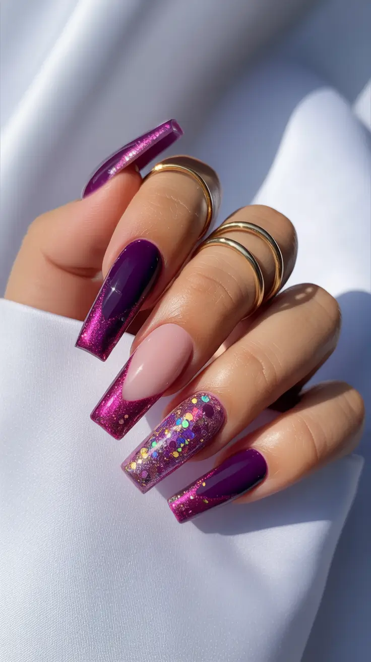 winter gel nails 2025–2026 Purple Glam with a Hint of Stardust