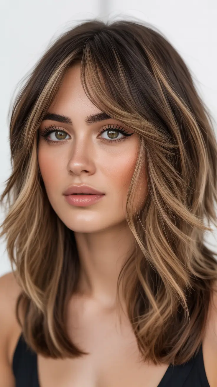 Balayage Hair Color Ideas 2026 Soft Caramel Layers with Curtain Bangs