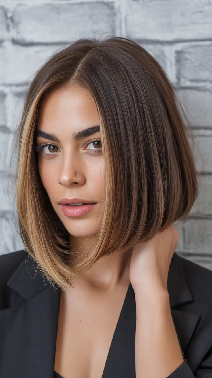 Balayage Hair Color Ideas 2026 Classic Straight Bob with Baby Blonde Highlights