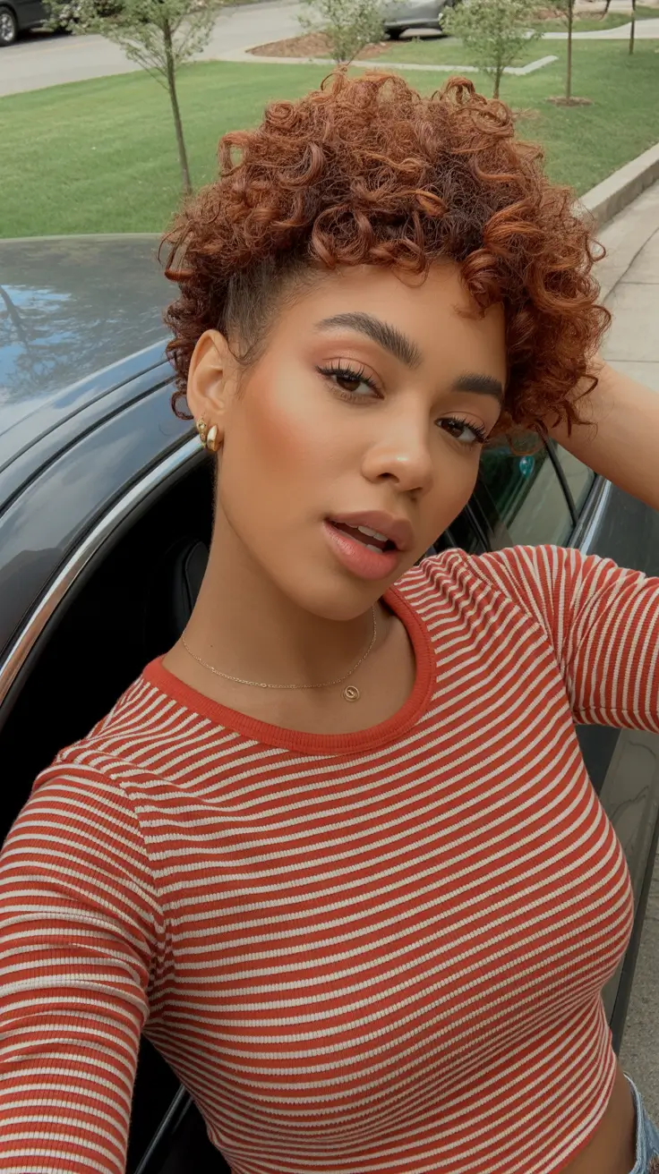 Best hair color for brown skin 2026 Curly Copper Pixie