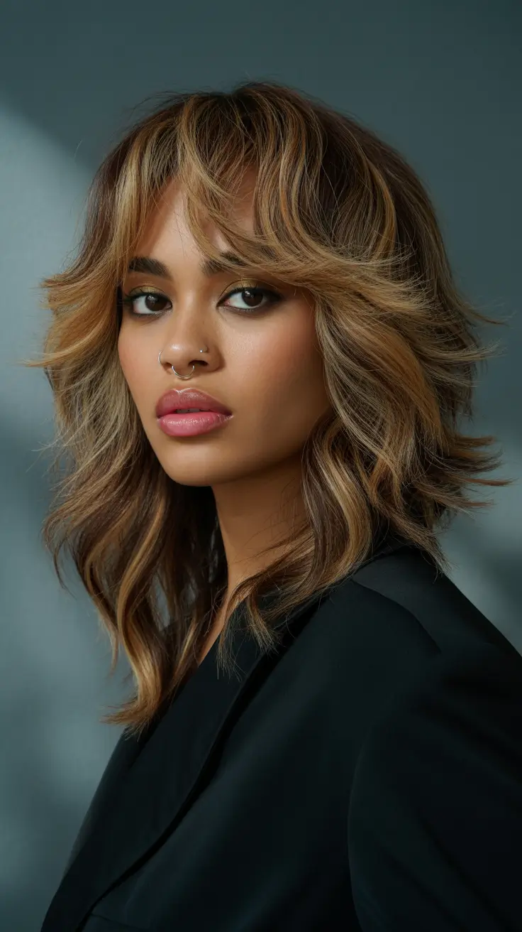Best hair color for brown skin 2026 Soft Honey Layers with Bangs