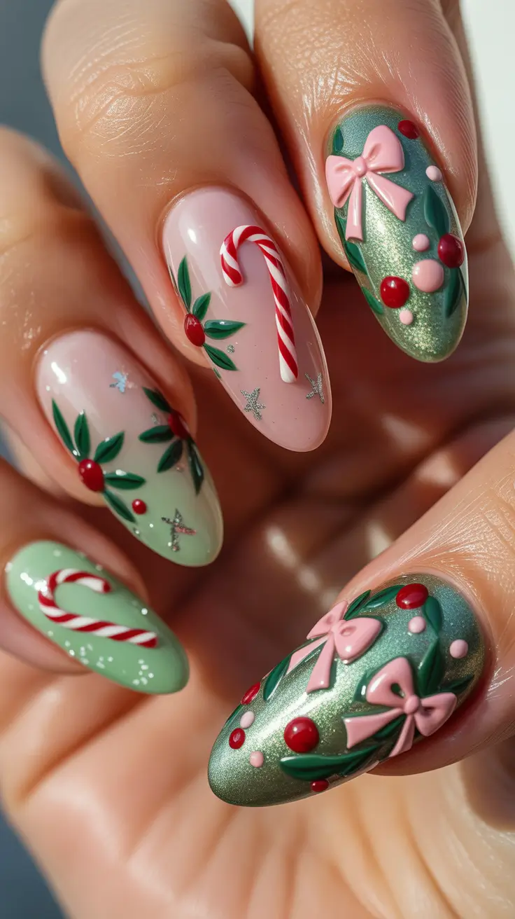 christmas nail designs 2025 Minty Wreath Whimsy
