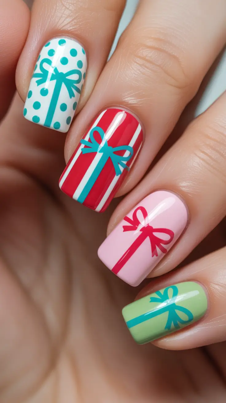 christmas nail designs 2025 Gift Wrap Delight