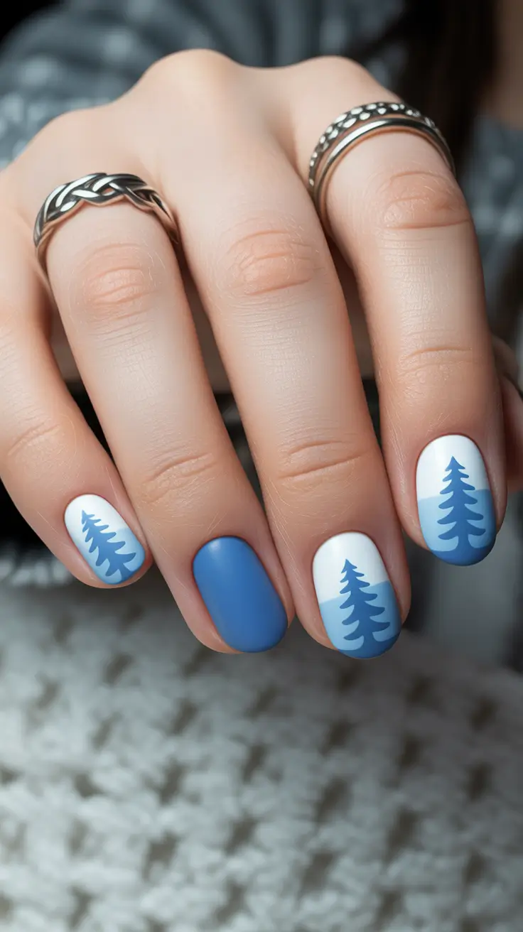 christmas nail designs 2025 Frosted Pines in Blue