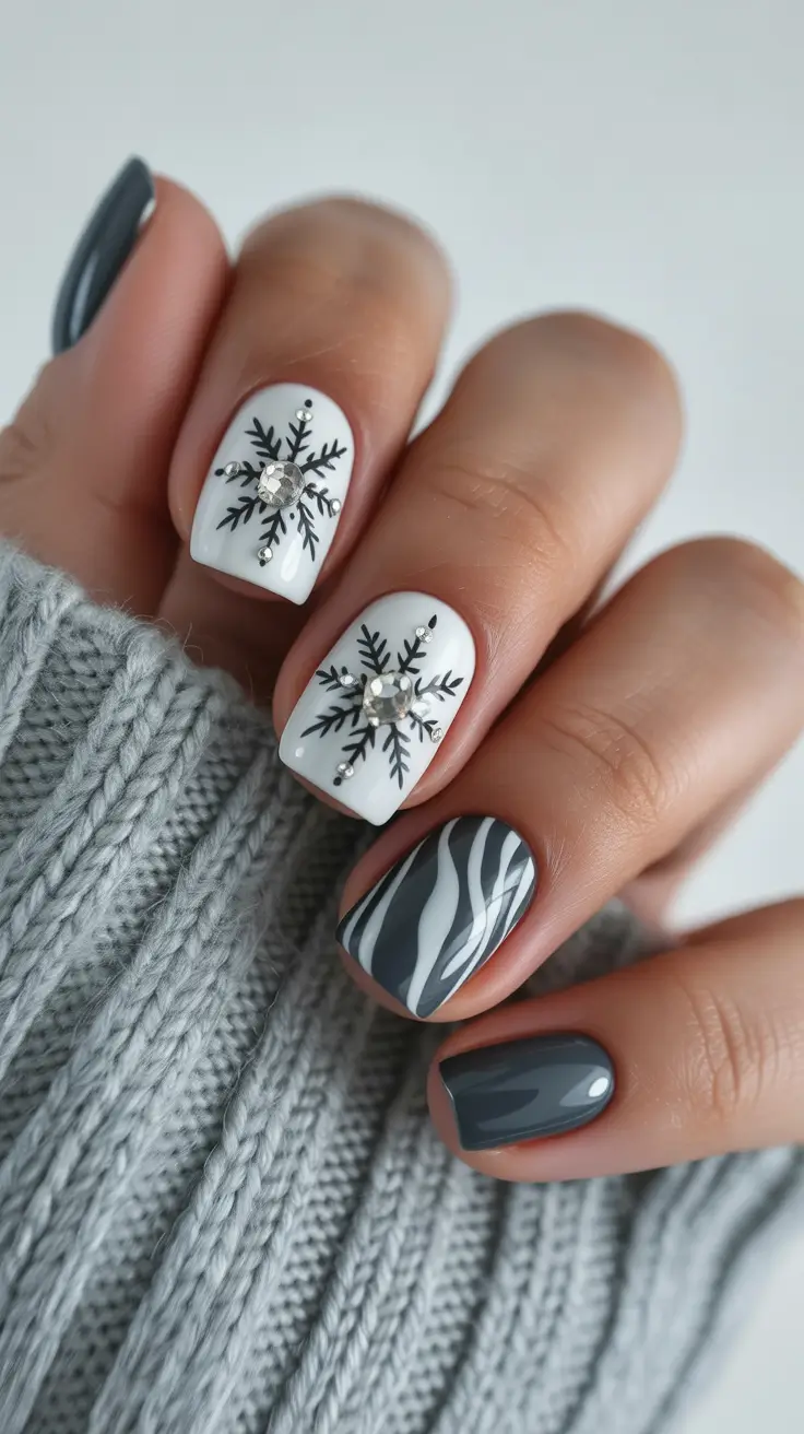 christmas nail designs 2025 Frosted Snowflakes and Winter Grays