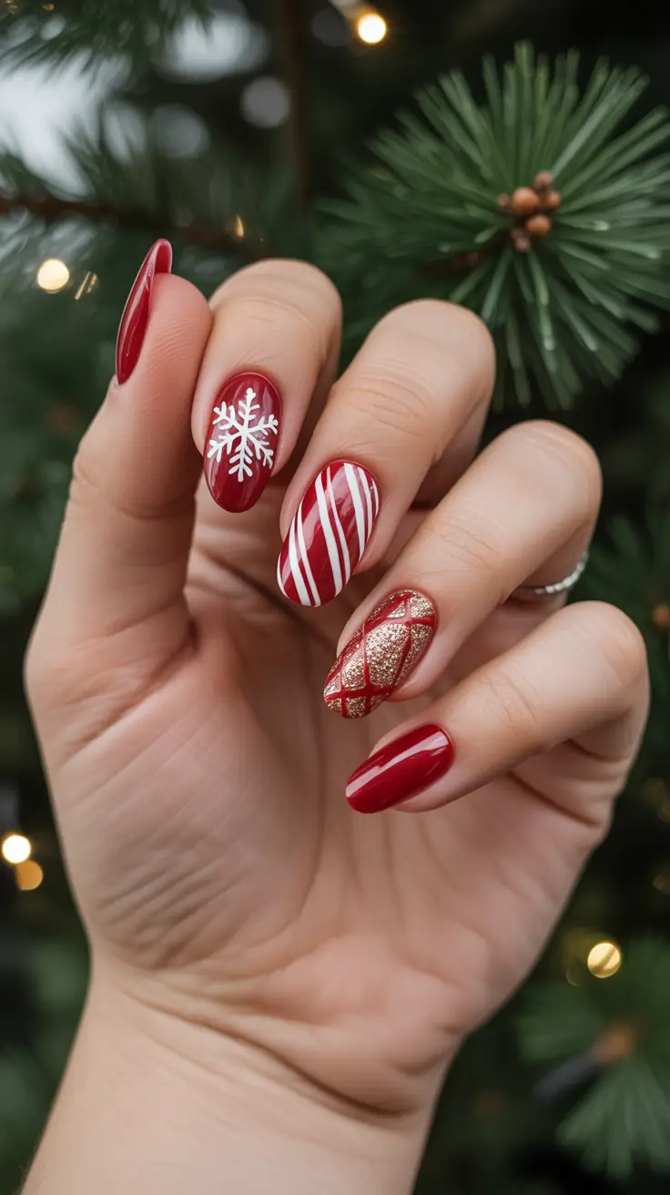 christmas nail designs 2025 Peppermint Glam and Golden Sparkle