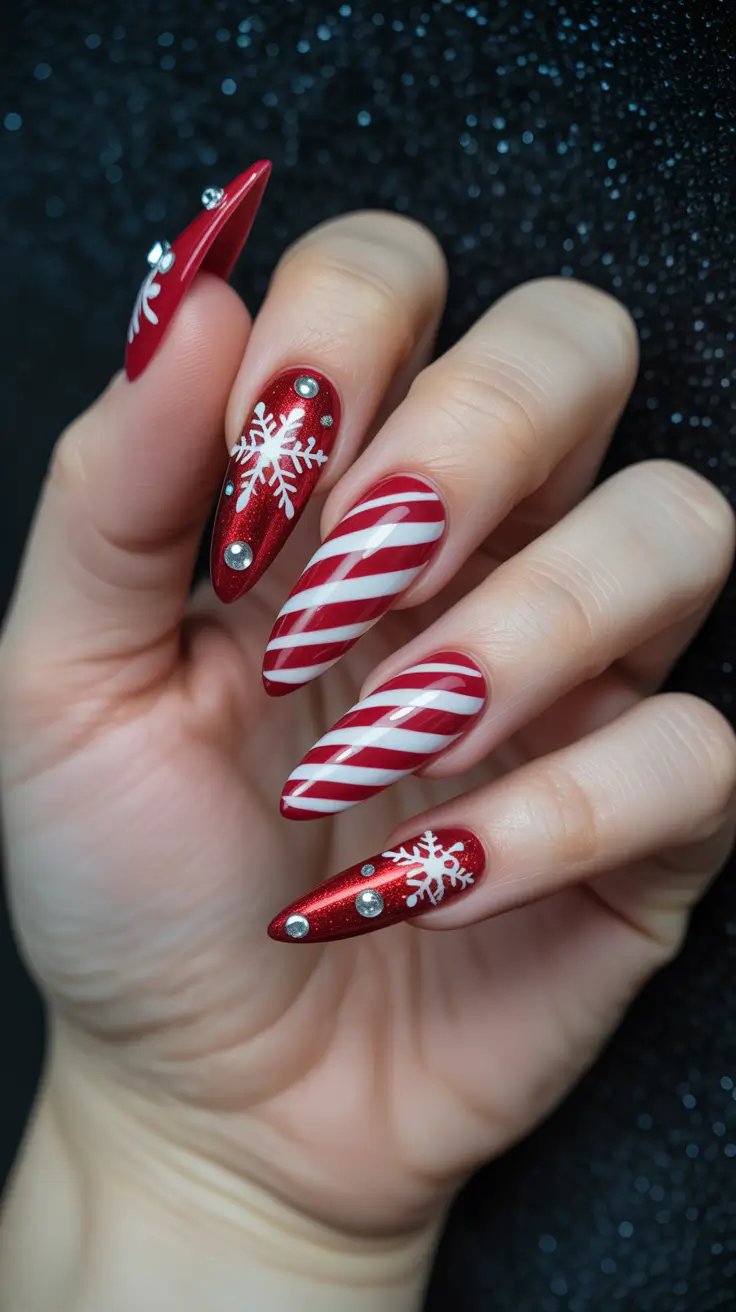 christmas nail designs 2025 Candy Cane Drama on Almond Shape Tips