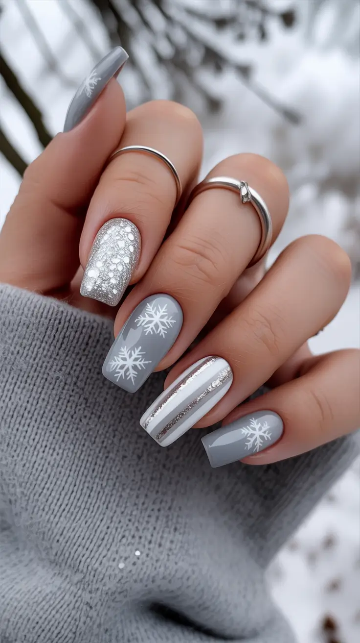 christmas nail designs 2025 Silver Snowfall Serenity