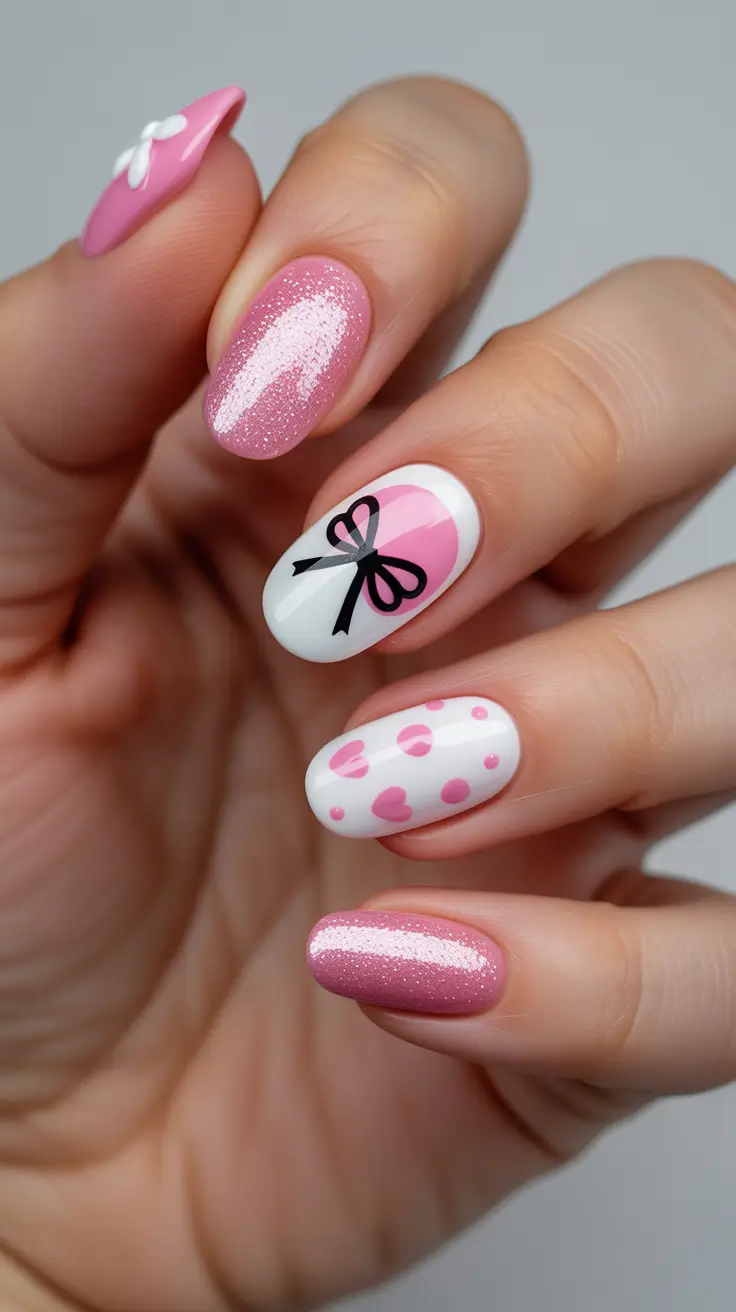 christmas nail designs 2025 Pink Ribbon Cheer
