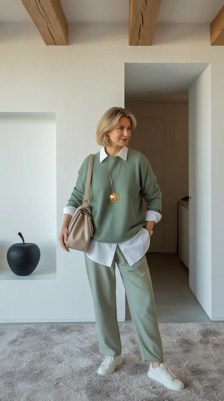 Best outfits for women over 50 in 2026 - Soft Sage Layers for Relaxed Transitional Days