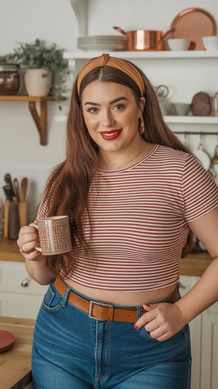 plus size outfits 2026 Retro Stripes and Coffee Comfort