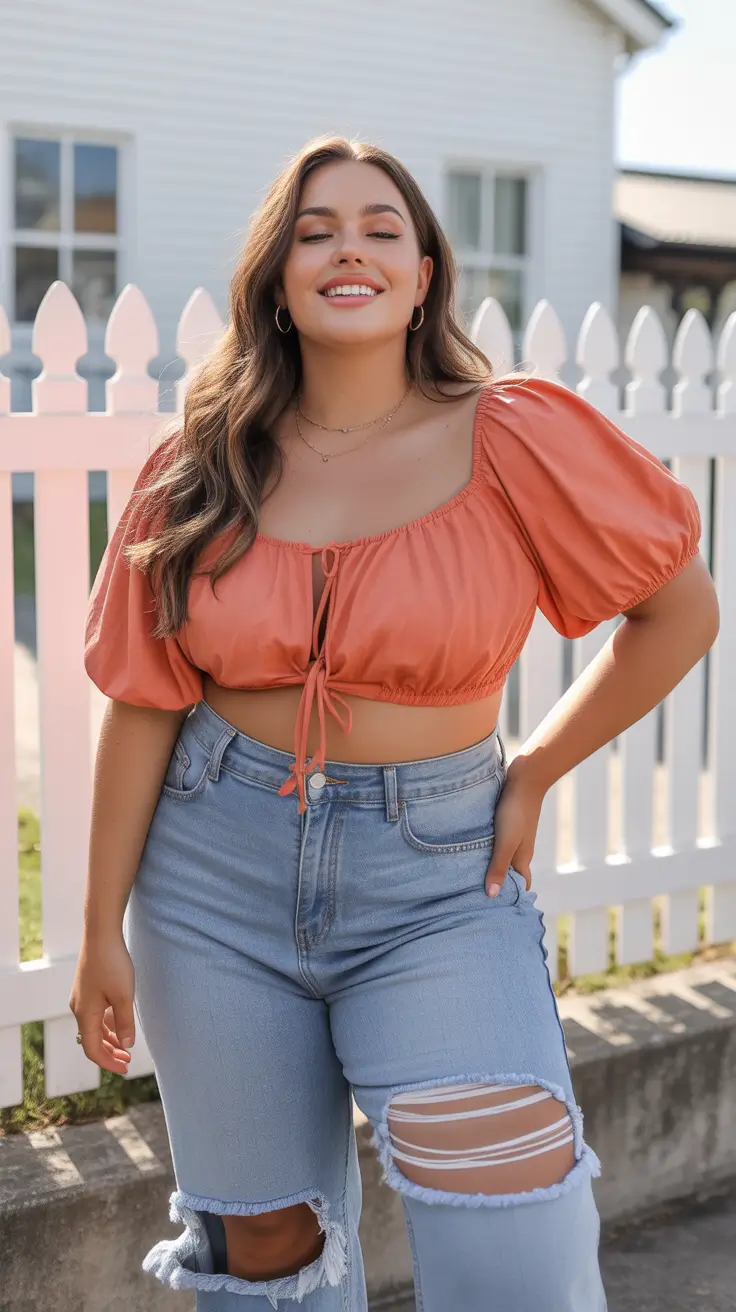 plus size outfits 2026 Peach Glow and Denim Ease