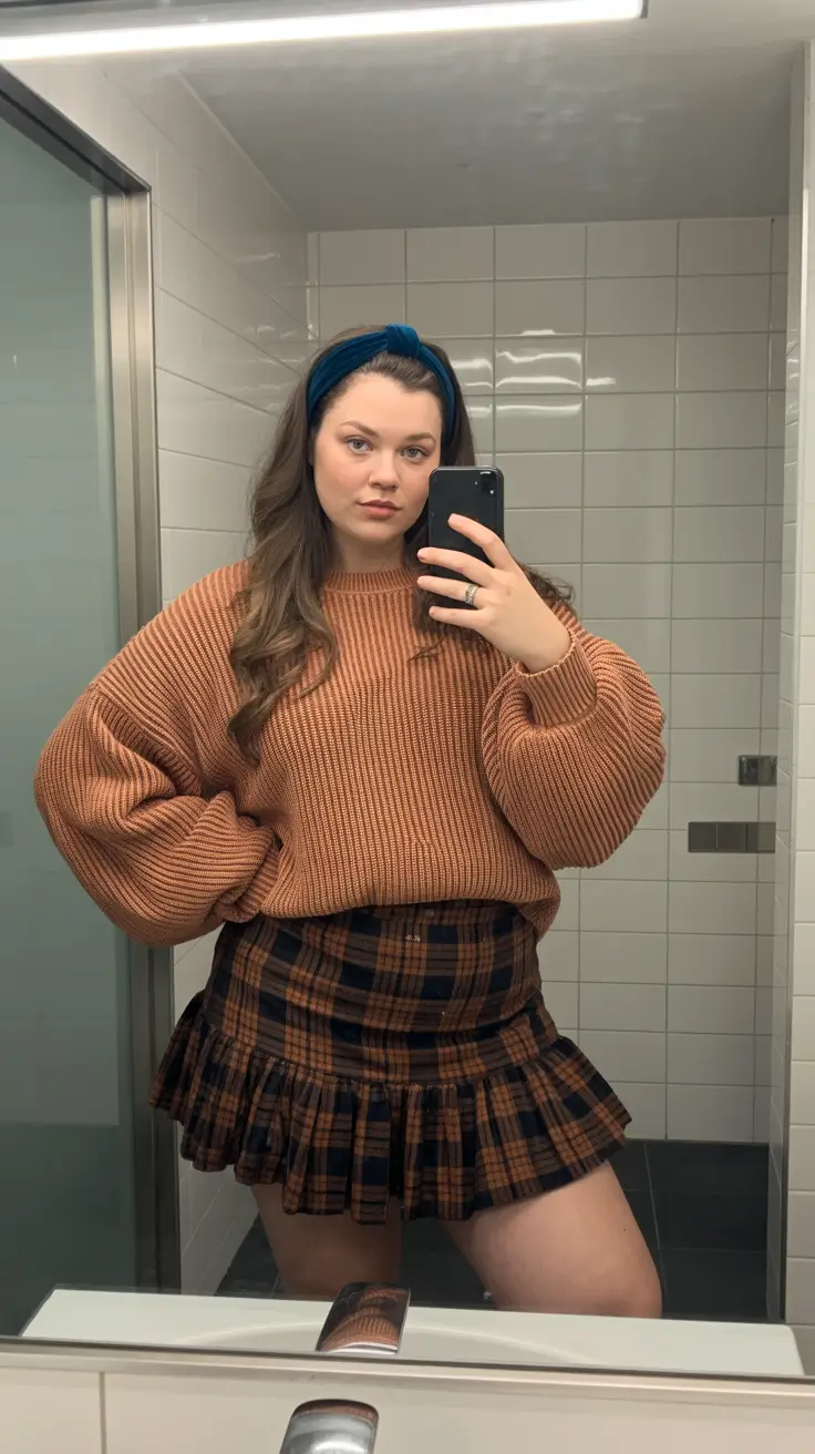 plus size outfits 2026 Warm Academia in Brown Plaid