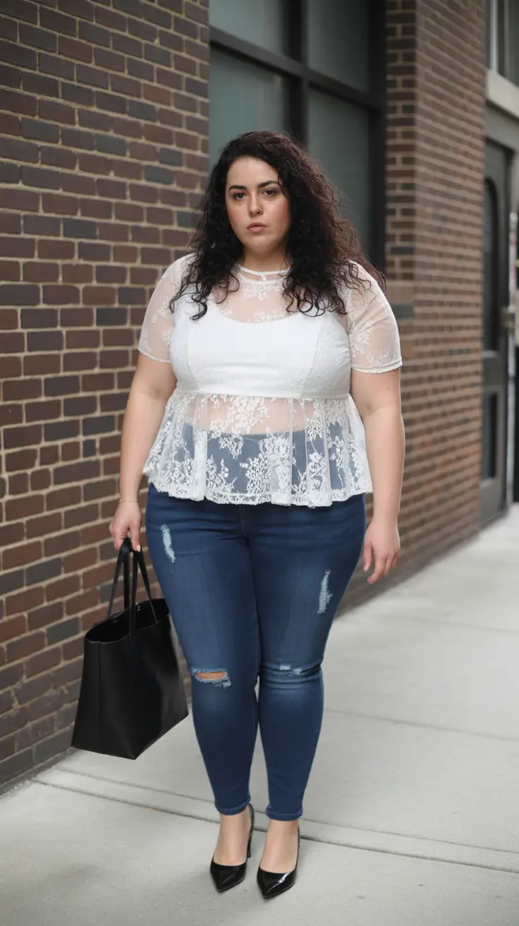 plus size outfits 2026 Lace Elegance with Denim Edge