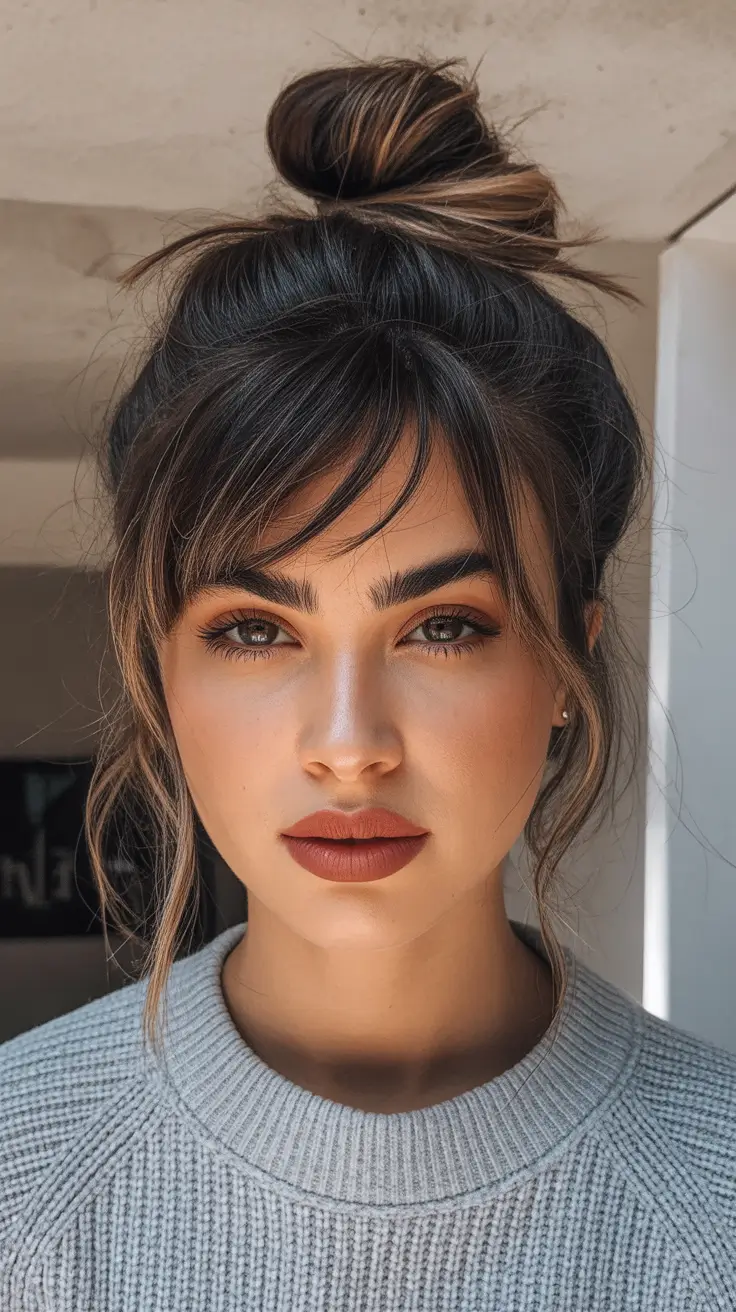 brown hair colors 2026 Cool Mocha Bun