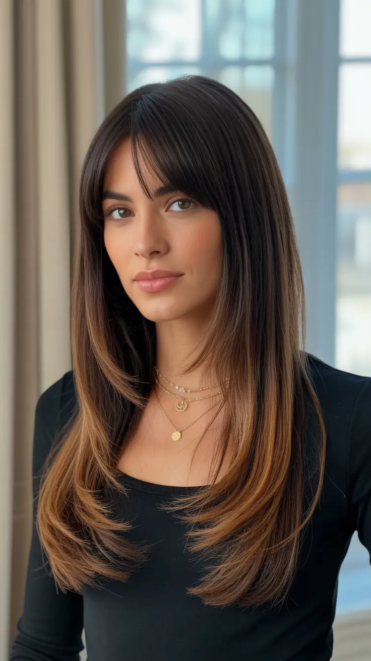 brown hair colors 2026 Chocolate Melt With Bangs