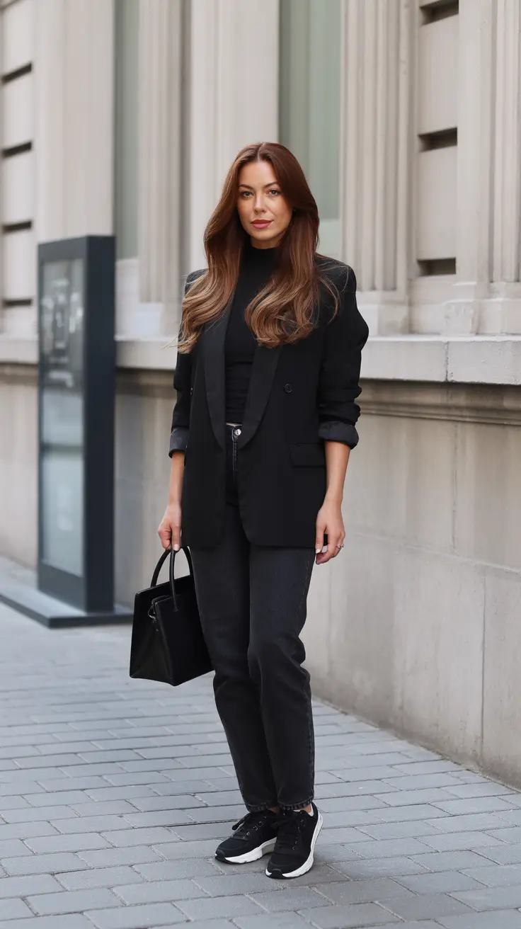 Casual office outfits for work 2026 All Black Urban Classic