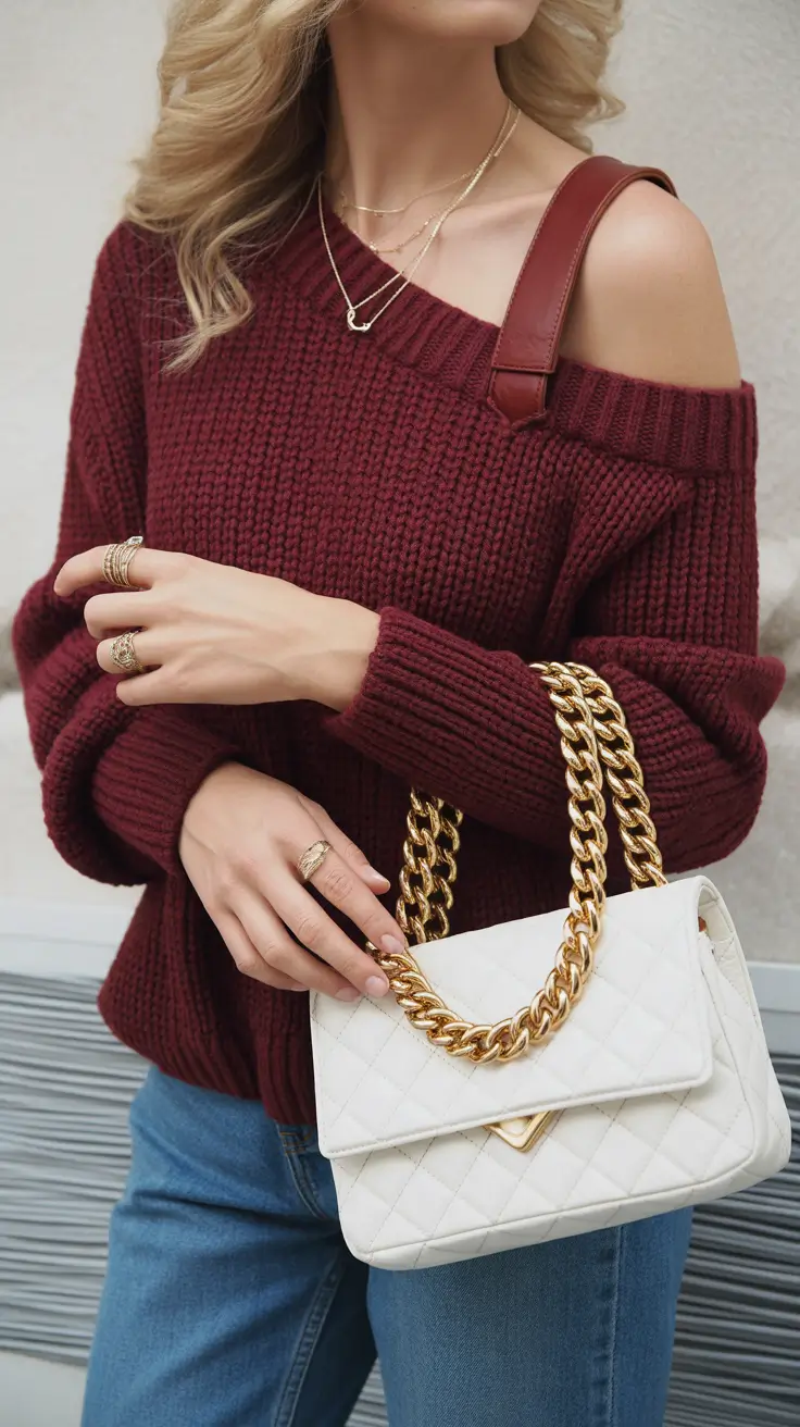Chic sweater outfits 2026 Burgundy Charm and Gold Confidence