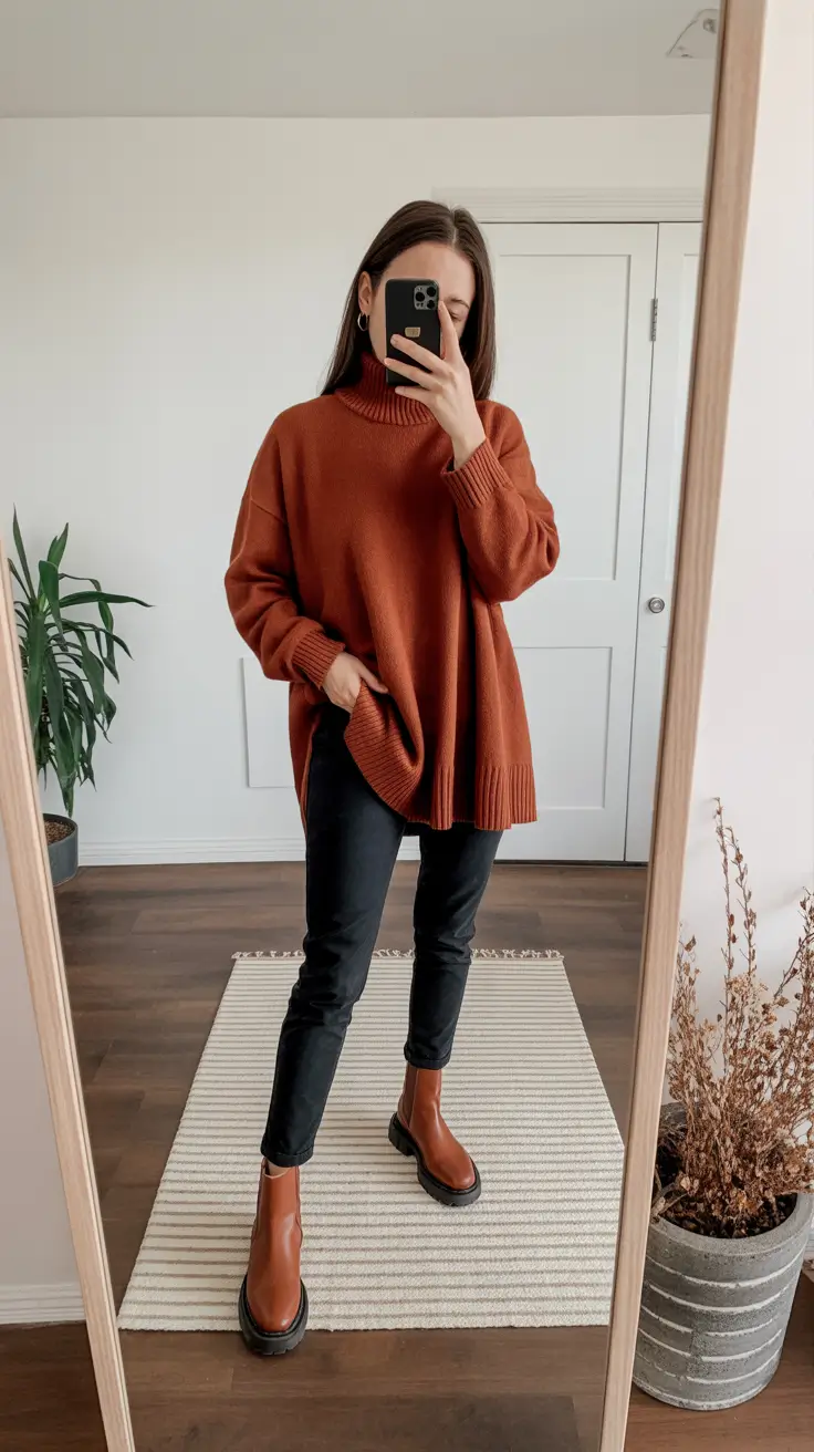 Chic sweater outfits 2026 Warm Terracotta and Minimal Balance