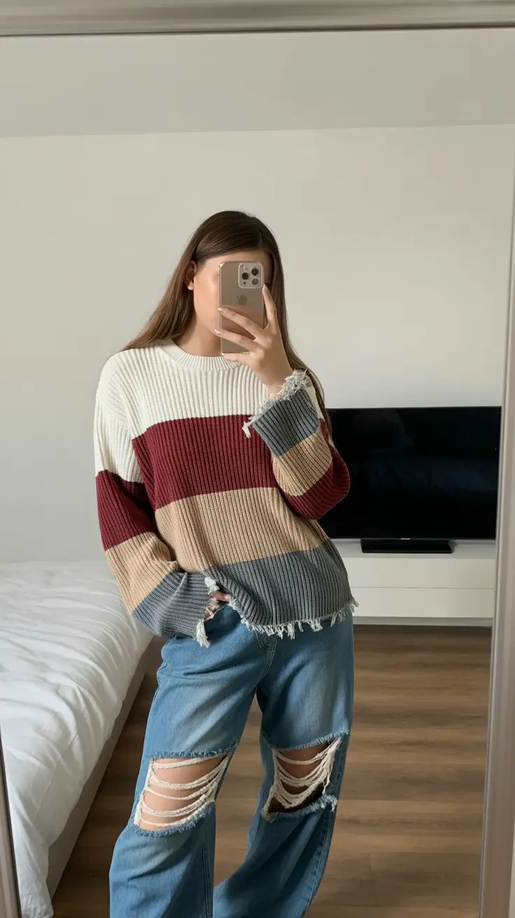 Chic sweater outfits 2026 Playful Stripes and Ripped Denim Energy